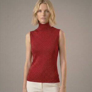 Viscose Blend Red Sleeveless Turtleneck Jersey Top Metallic Shimmer